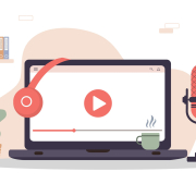 podcast graphic with red headphones and red microphone next to laptop