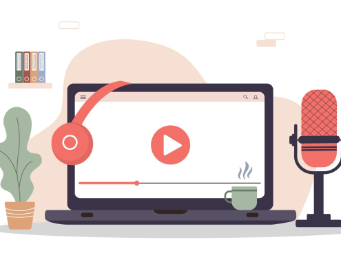 podcast graphic with red headphones and red microphone next to laptop