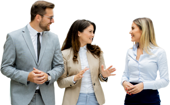 two women and one man talking happily in the workplace