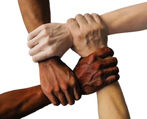 diverse hands holding each other's wrists in a square