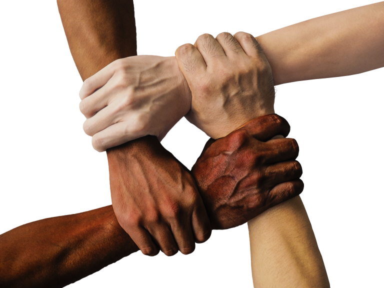 diverse hands holding each other's wrists in a square