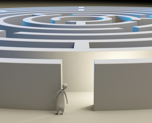 blob person looking into maze