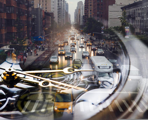 city traffic with overlay of clock cogs