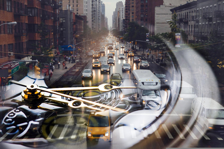 city traffic with overlay of clock cogs