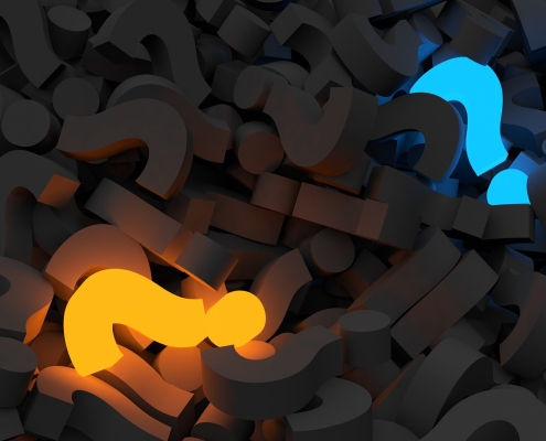 orange and blue glowing question marks amongst gray question marks