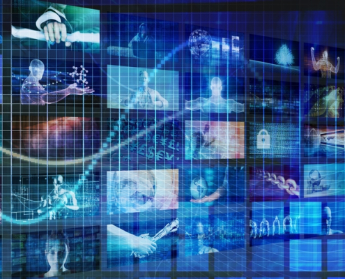 video marketing graphic with different video stills across multiple screens