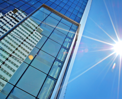 skyline building with wall windows