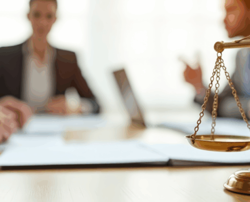 A close-up image of a brass balance scale placed on a conference table, with four blurred business professionals in suits sitting in discussion in the background. The warm lighting and shallow depth of field emphasize the symbolic scale of justice.