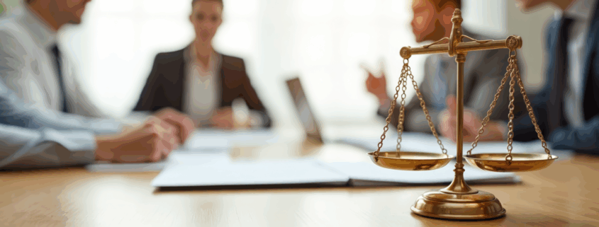 A close-up image of a brass balance scale placed on a conference table, with four blurred business professionals in suits sitting in discussion in the background. The warm lighting and shallow depth of field emphasize the symbolic scale of justice.