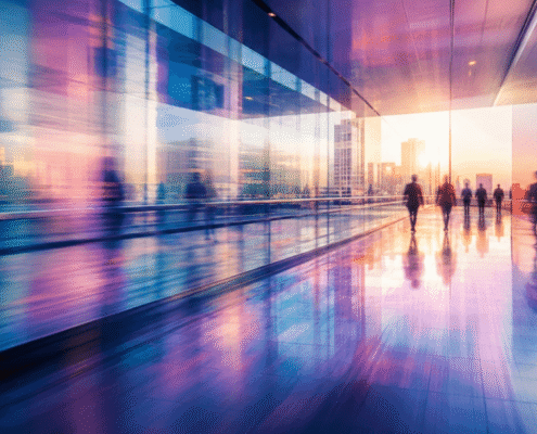 A motion-blurred, vibrantly colored corporate office corridor with silhouetted business professionals walking through a glass-walled space at sunset, symbolizing the fast-paced growth and transformation of in-house legal teams using alternative legal service providers.