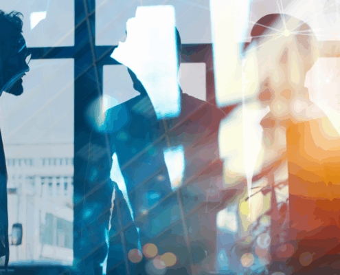 Silhouettes of business professionals standing and talking in front of large windows, overlaid with abstract reflections, geometric lines, and warm blue-orange light effects.