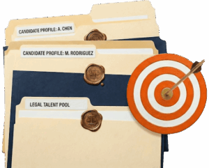 Candidate profile folders labeled legal talent pool with a target icon representing recruitment, hiring strategy, and candidate selection.