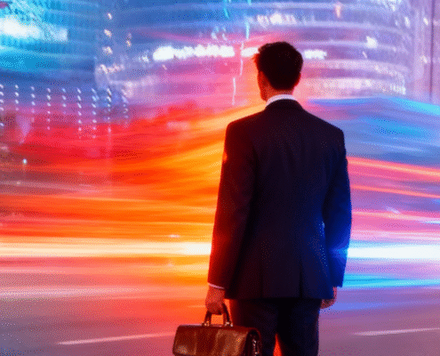 A man in a suit with a briefcase standing before blurred motion