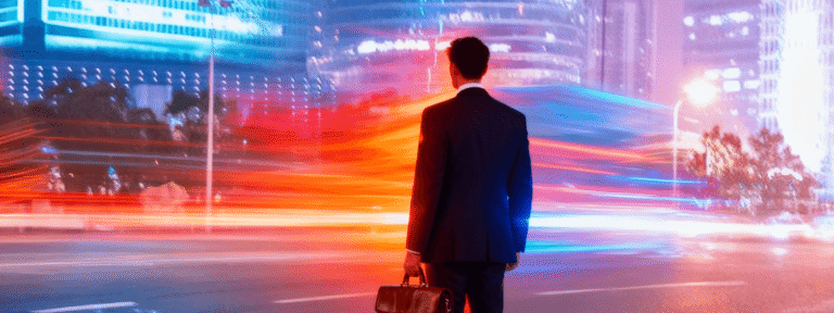 A man in a suit with a briefcase standing before blurred motion