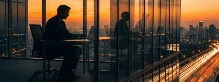 An image of a man working in an office at the top of a skyscraper.