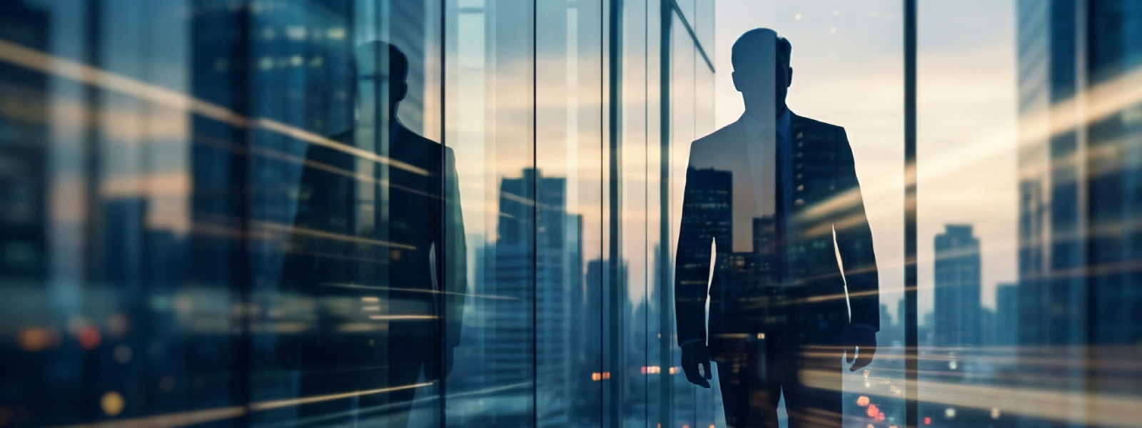Man with their reflection showing on skyscraper windows with the city blended into the background.