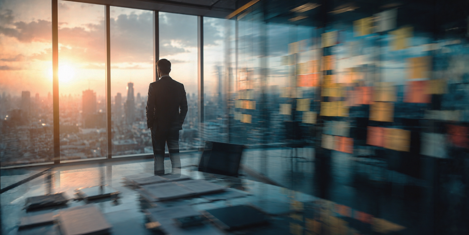 A general counsel in a suit standing with his back to the camera, looking out over a city skyline at sunset through floor-to-ceiling office windows, with a blurred overlay of colorful document panels — evoking the steep learning curve and complexity of a GC's first year.