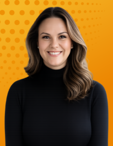 Portrait of a smiling female legal executive (Alisha Cielask) in a black turtleneck against an orange background, representing leadership and trust in the C-suite.