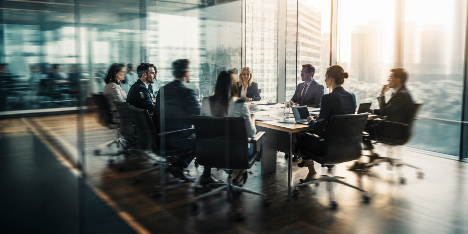 Diverse executive team meeting in a glass-walled boardroom, illustrating collaboration between a general counsel and the C-suite.
