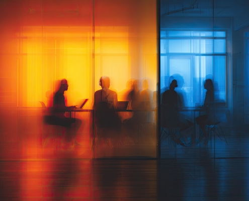 Silhouettes,Of,People,In,A,Modern,Office,Space,Divided,By