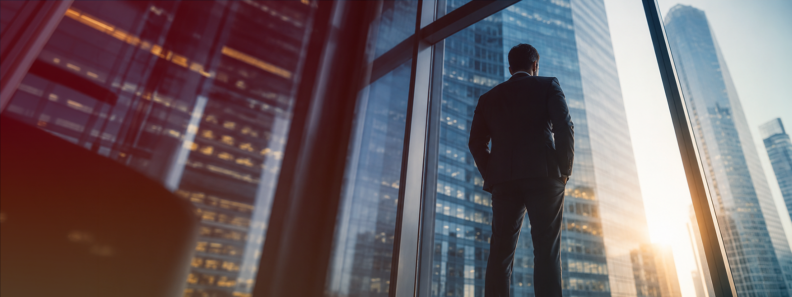 Silhouette of a businessman in a suit standing at a window, looking out over a city skyline of high-rise buildings at sunset.