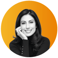 Black-and-white headshot of Bita Goldman, Global General Counsel at UNiDAYS, resting her chin on her hand, against an orange circular background.