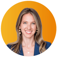 Headshot of Eunice Buhler, General Counsel at G2, smiling with wavy brown hair, against an orange circular background.