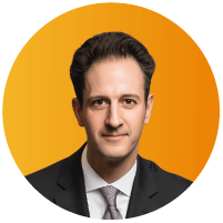 Headshot of Fabio Bertoni, General Counsel at The New Yorker, against an orange circular background.