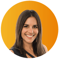 Headshot of Lisa Gorman, Chief Legal Officer at Eventbrite, smiling with long dark hair, against an orange circular background.