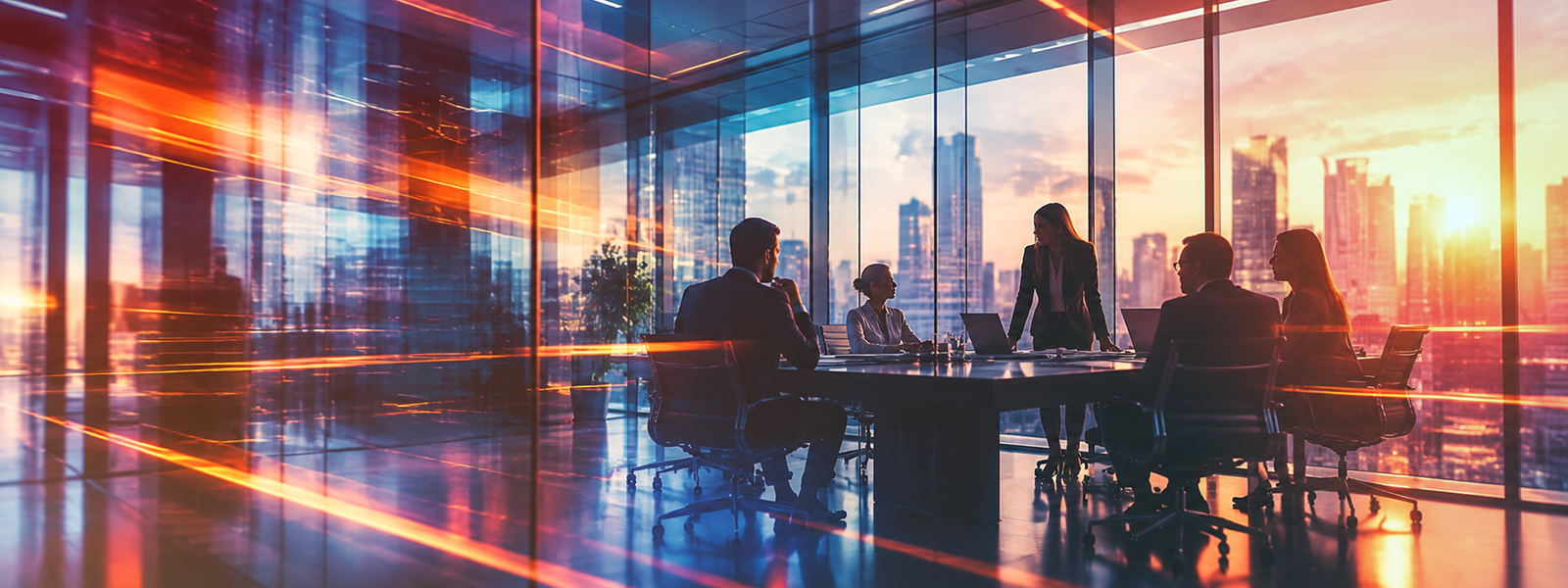 Business professionals meet around a conference table in a glass-walled office, with a city skyline glowing at sunset.